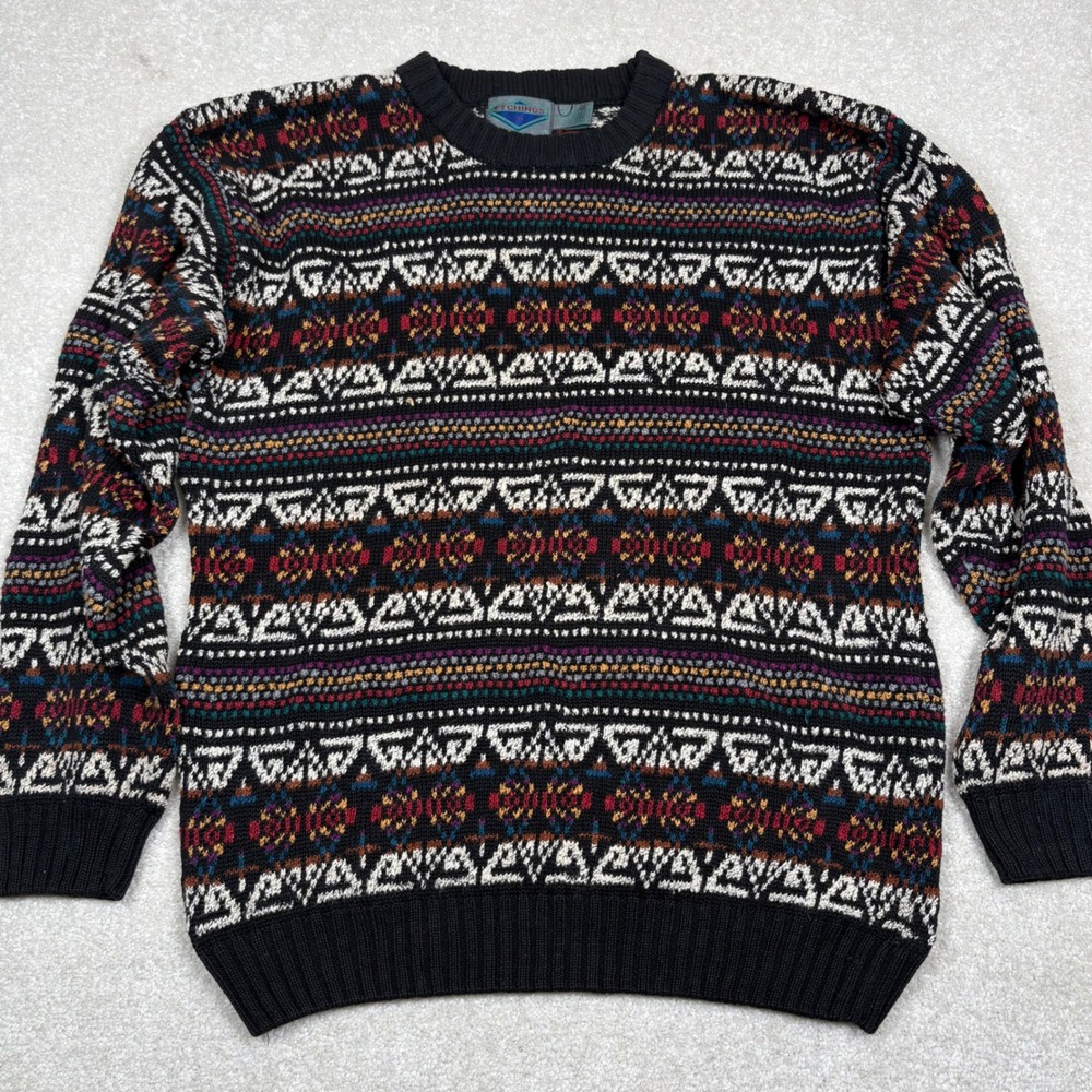 Vtg Etchings Fair Isle Sweater Mens Grandpa Sm Geometric Knit Black Multi Colors